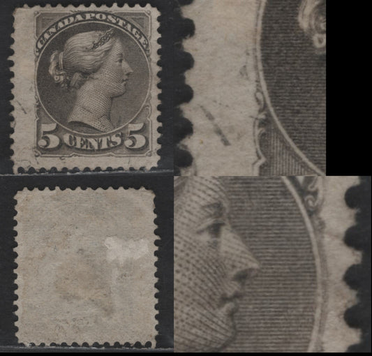 Lot 336 Canada SC#42var 5c Deep Gray Queen Victoria, 1870-1897 Small Queen Issue, A Fine Used Single, Early Second Ottawa Printing, Showing Medallion Dots At Both 3 & 9 O'clock, Paper 20-W