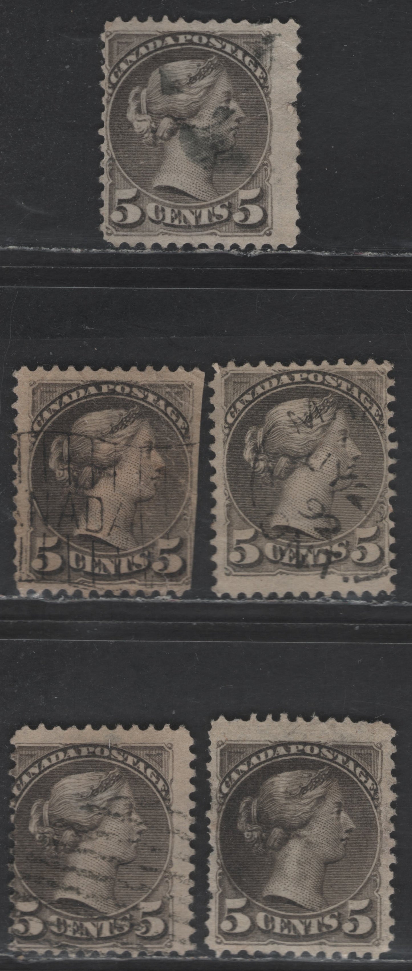 Lot 338 Canada SC#42 5c Gray Brown Queen Victoria, 1870-1897 Small Queen Issue, 5 Ungraded Singles, Reference Lot Of Different Paper Types, 2O-E, 2O-H, 2O-K, 2O-N & 2O-S, Mid to Late Second Ottawa Printings All With Faults