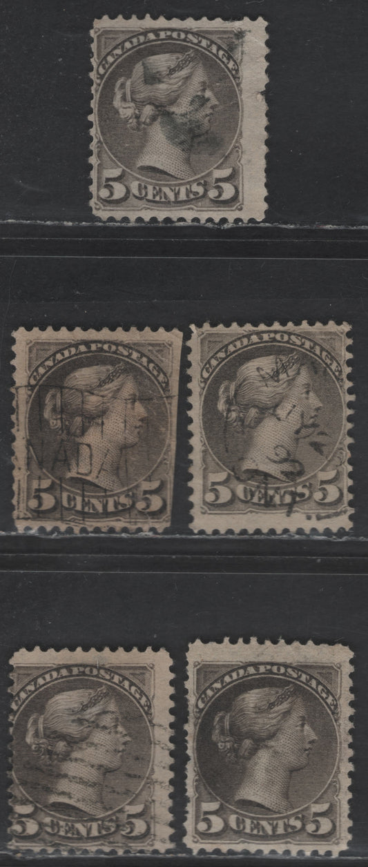 Lot 338 Canada SC#42 5c Gray Brown Queen Victoria, 1870-1897 Small Queen Issue, 5 Ungraded Singles, Reference Lot Of Different Paper Types, 2O-E, 2O-H, 2O-K, 2O-N & 2O-S, Mid to Late Second Ottawa Printings All With Faults
