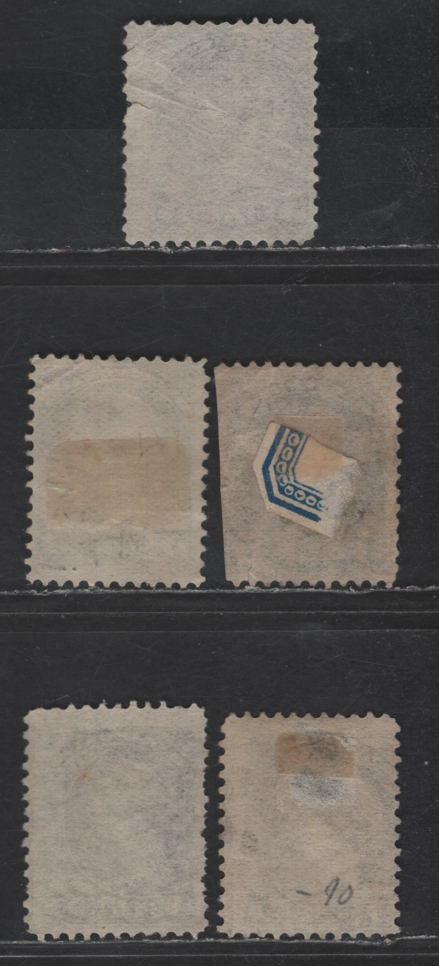 Lot 338 Canada SC#42 5c Gray Brown Queen Victoria, 1870-1897 Small Queen Issue, 5 Ungraded Singles, Reference Lot Of Different Paper Types, 2O-E, 2O-H, 2O-K, 2O-N & 2O-S, Mid to Late Second Ottawa Printings All With Faults