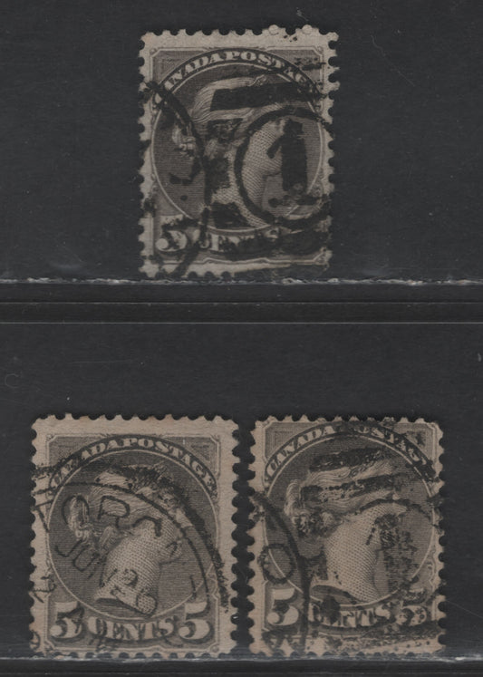 Lot 339 Canada SC#42 5c Violet Gray, Gray & Deep Gray Queen Victoria, 1870-1897 Small Queen Issue, 3 Fine Used Singles, Papers 2O-E, 2O-L & 2O-F, Mid To Late 2nd Ottawa Printings