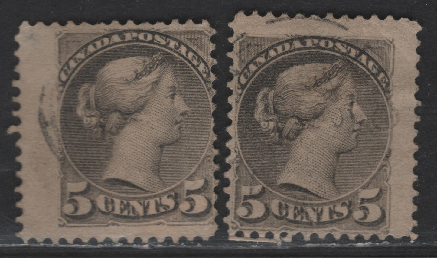 Lot 340 Canada SC#42 5c Gray Queen Victoria, 1870-1897 Small Queen Issue, 2 Very Good/Fine Used Singles, Papers 2O-X & 2O-Y, Scarce Paper Types, Early to Mid Second Ottawa Printings
