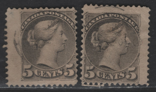 Lot 340 Canada SC#42 5c Gray Queen Victoria, 1870-1897 Small Queen Issue, 2 Very Good/Fine Used Singles, Papers 2O-X & 2O-Y, Scarce Paper Types, Early to Mid Second Ottawa Printings