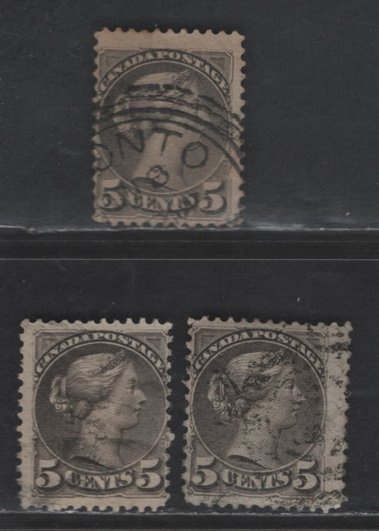 Lot 342 Canada SC#42 5c Brownish Gray - Deep Gray Queen Victoria, 1870-1897 Small Queen Issue, 3 Very Good/Fine Used Singles, Papers 2O-E, 2O-L, 2O-P, Mid To Late Second Ottawa Printing