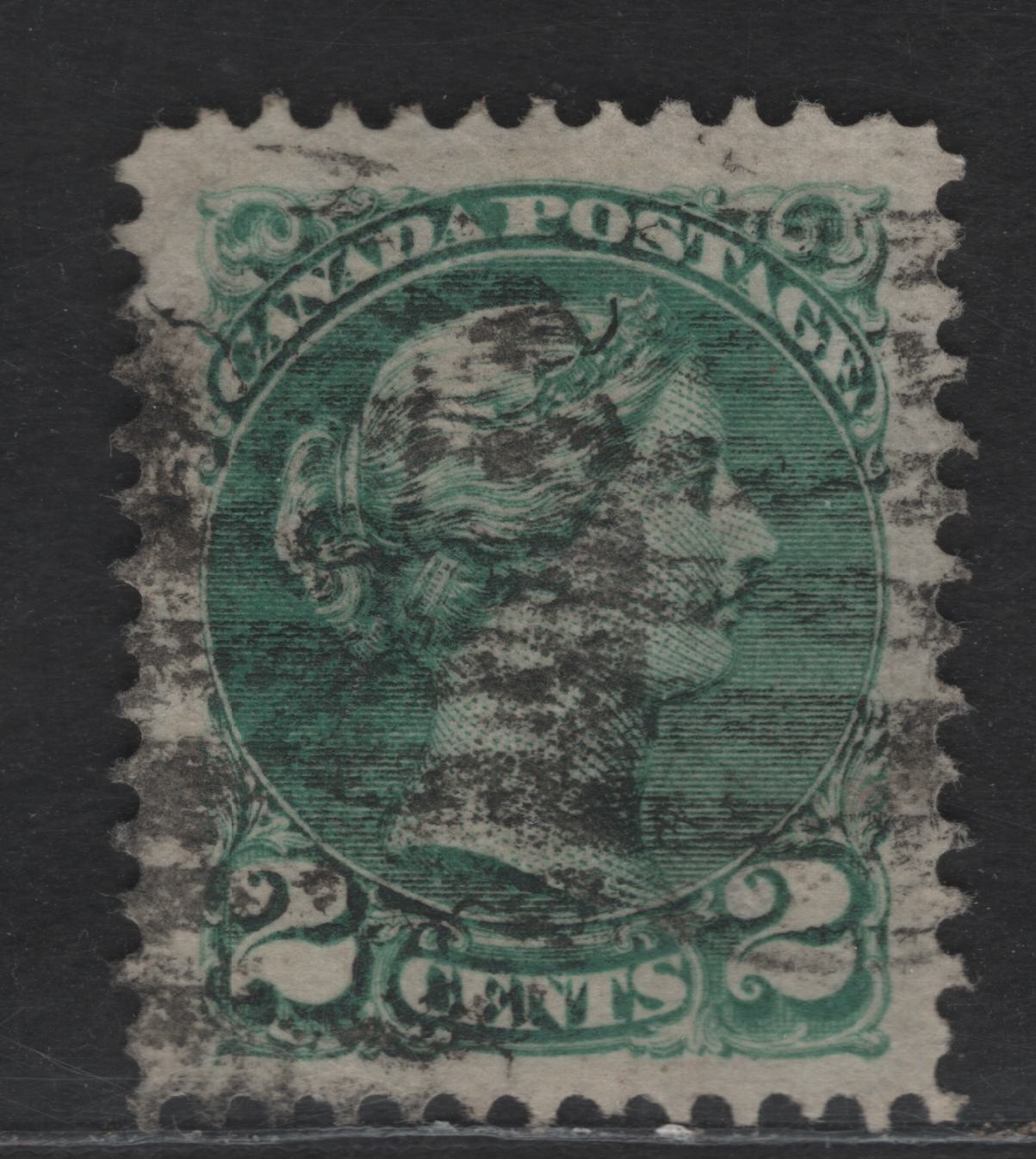 Lot 351 Canada SC#36d 2c Blue Green Queen Victoria, 1870-1893 Small Queen Issue, A Very Fine Used Single, Mid Montreal Printing Perf 12.2 Paper MM-B, Heavyish Grid Cancel, Lovely Large Margins, Position Dot At Lower Left