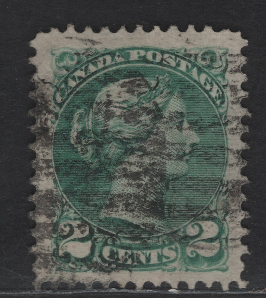 Lot 351 Canada SC#36d 2c Blue Green Queen Victoria, 1870-1893 Small Queen Issue, A Very Fine Used Single, Mid Montreal Printing Perf 12.2 Paper MM-B, Heavyish Grid Cancel, Lovely Large Margins, Position Dot At Lower Left