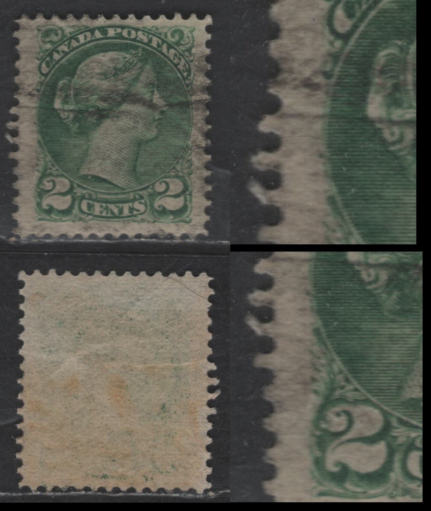 Lot 352 Canada SC#36var 2c Green Queen Victoria, 1870-1893 Small Queen Issue, A Fine Used Single, Late Montreal Printing, Re-Entry Along Left Side Of Portrait Oval & Foliate Ornament, Perf 12x12.2, Paper Type LM-A