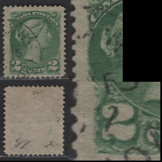 Lot 356 Canada SC#36i 2c Green Queen Victoria, 1870-1893 Small Queen Issue, A Very Good Used Single, Second Ottawa Printing, Grayish Newsprint (2O-C) Paper, Showing Re-Entry, Perf 11.9x12.1