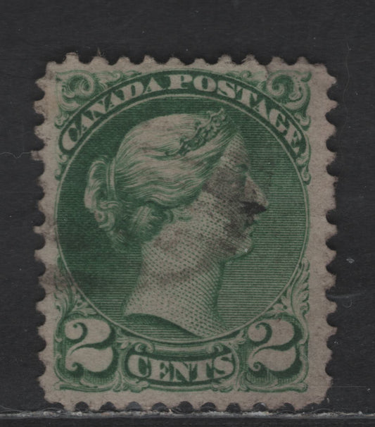 Lot 360 Canada SC#36e 2c Grass Green Queen Victoria, 1870-1893 Small Queen Issue, A Fine Used Single, Mid Montreal Printing Without Position Dot, Paper MM-B, Perf 11.6x12, Tiny Tear Above A of Postage
