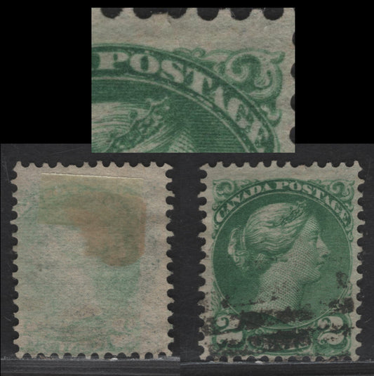 Lot 363 Canada SC#36ivar 2c Dull Green Queen Victoria, 1870-1893 Small Queen Issue, A Fine Used Single, Mid Second Ottawa Printing, Paper 2O-N, Perf 12x12.1, Dry Inking Above & Below Postage