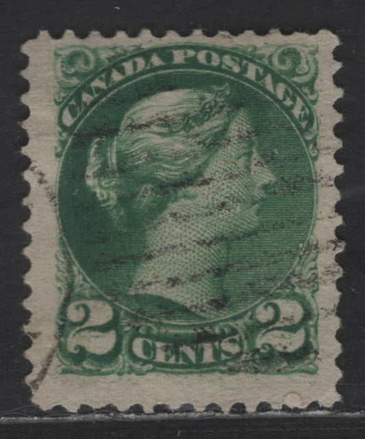 Lot 366 Canada SC#36i 2c Grass Green Queen Victoria, 1870-1893 Small Queen Issue, A Fine Used Single, Early Second Ottawa Printing, Grayish Newsprint (2O-C) Paper, Perf 12, Showing Ink Smudges On Both 2's, Similar to Lots 357 & 358