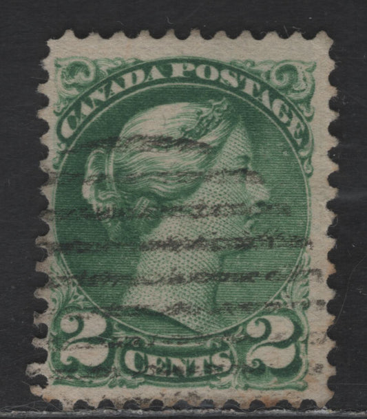 Lot 370 Canada SC#36i 2c Grass Green Queen Victoria, 1870-1893 Small Queen Issue, A Fine Used Single, Mid to Late Second Ottawa Printing, Paper 2O-S, Perf 12, Showing Full Offset of Design on Back