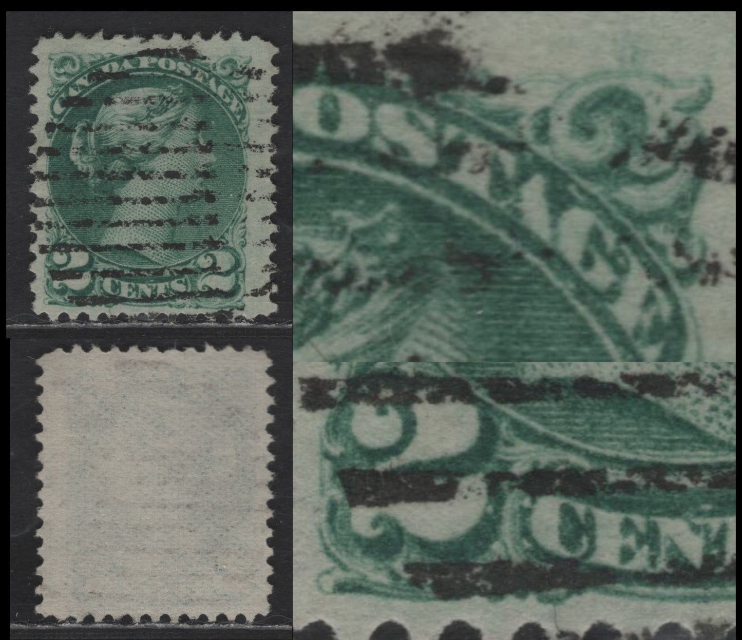 Lot 372 Canada SC#36ii 2c Bluish Green Queen Victoria, 1870-1893 Small Queen Issue, A Fine Used Single, Second Ottawa Printing, Perf 12x11.9, Paper 2O-H, Dhowing Dry Inking