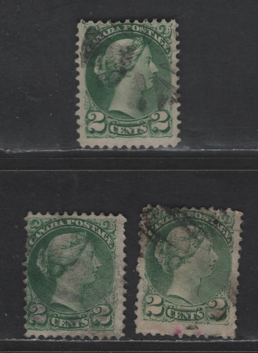 Lot 379 Canada SC#36e 2c Green & Grass Green Queen Victoria, 1870-1893 Small Queen Issue, 3 Ungraded Singles, Mid Montreal Printings, Papers MM-D, MM-B & EM-A, 11.75x12 or 11.6x12, All With Slight Faults, But Useful Reference Examples