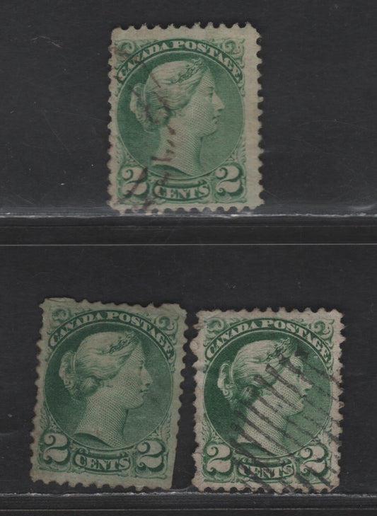 Lot 380 Canada SC#36e 2c Green & Grass Green Queen Victoria, 1870-1893 Small Queen Issue, 3 Ungraded Singles, Mid Montreal Printings, Paper EM-A, Different Shades With Small Faults
