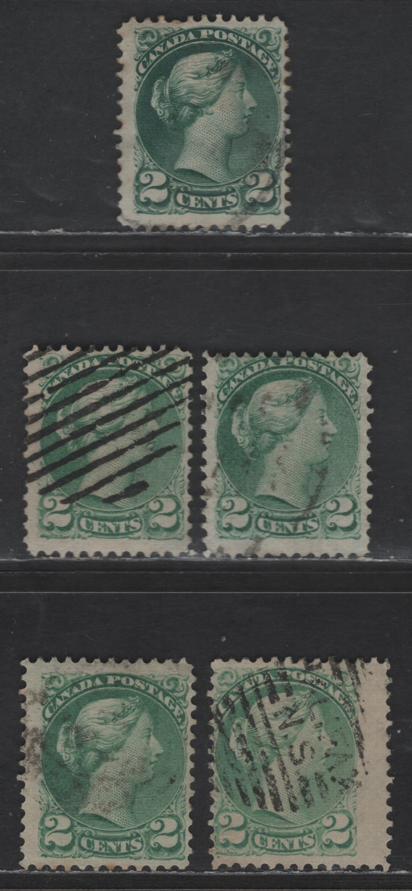Lot 382 Canada SC#36 2c Dark Green, Grass Green, Milky Green & Milky Bluish Green Queen Victoria, 1870-1893 Small Queen Issue, 5 Very Good/Fine Used Singles, Early & Mid Montreal Printings, Papers EM-A, MM-B, MM-I & MM-D, Plate Dots At LL