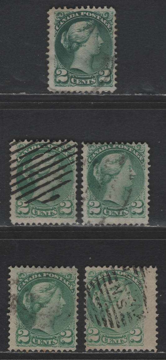 Lot 382 Canada SC#36 2c Dark Green, Grass Green, Milky Green & Milky Bluish Green Queen Victoria, 1870-1893 Small Queen Issue, 5 Very Good/Fine Used Singles, Early & Mid Montreal Printings, Papers EM-A, MM-B, MM-I & MM-D, Plate Dots At LL