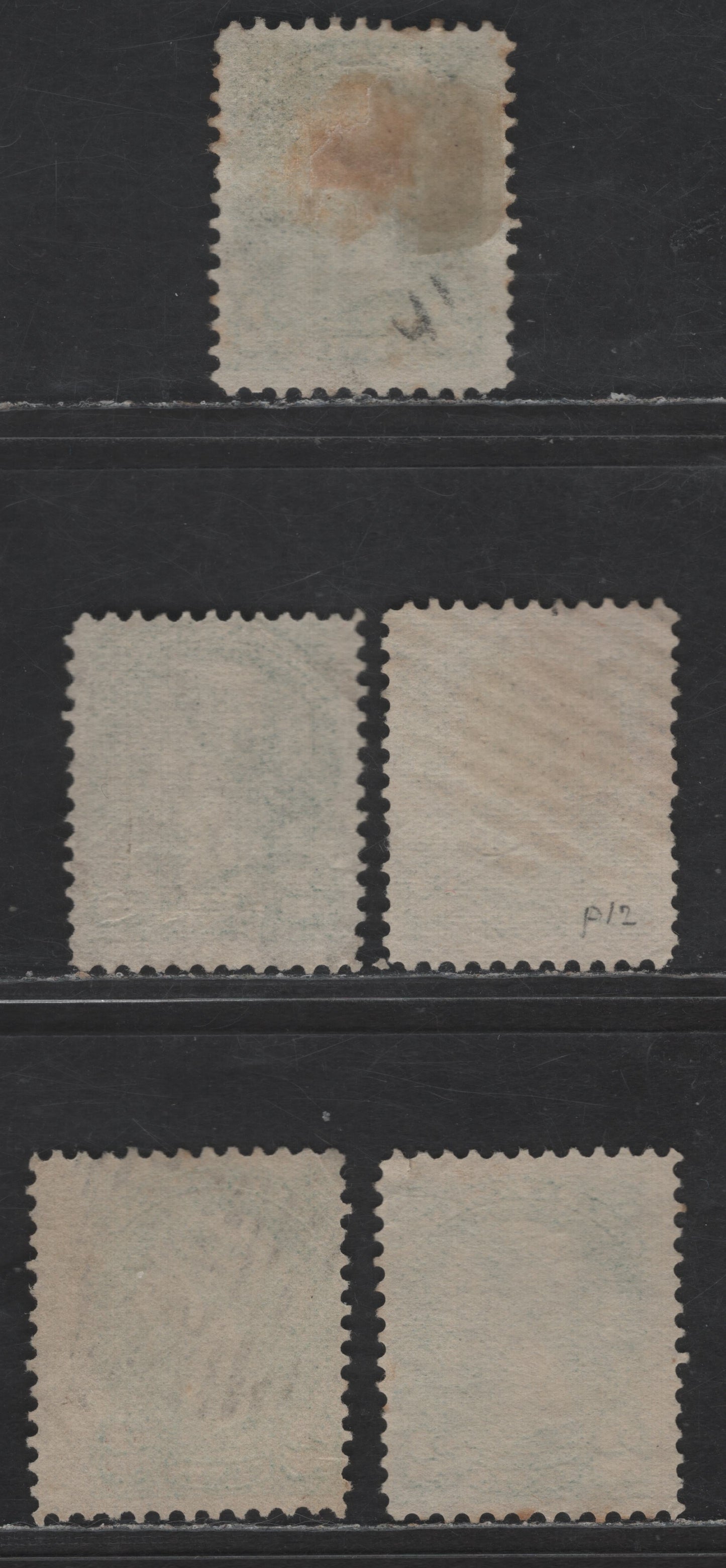 Lot 382 Canada SC#36 2c Dark Green, Grass Green, Milky Green & Milky Bluish Green Queen Victoria, 1870-1893 Small Queen Issue, 5 Very Good/Fine Used Singles, Early & Mid Montreal Printings, Papers EM-A, MM-B, MM-I & MM-D, Plate Dots At LL