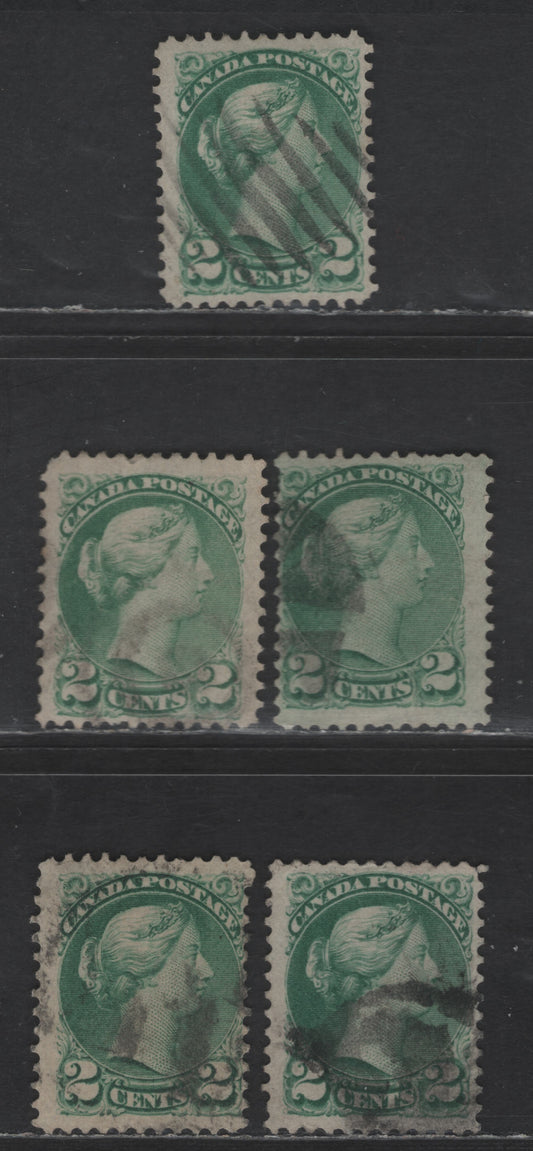 Lot 383 Canada SC#36 2c Grass Green, Green & Milky Green Queen Victoria, 1870-1893 Small Queen Issue, 5 Very Good/Fine Used Singles, Late Montreal Printings, LM-D & LM-O Papers