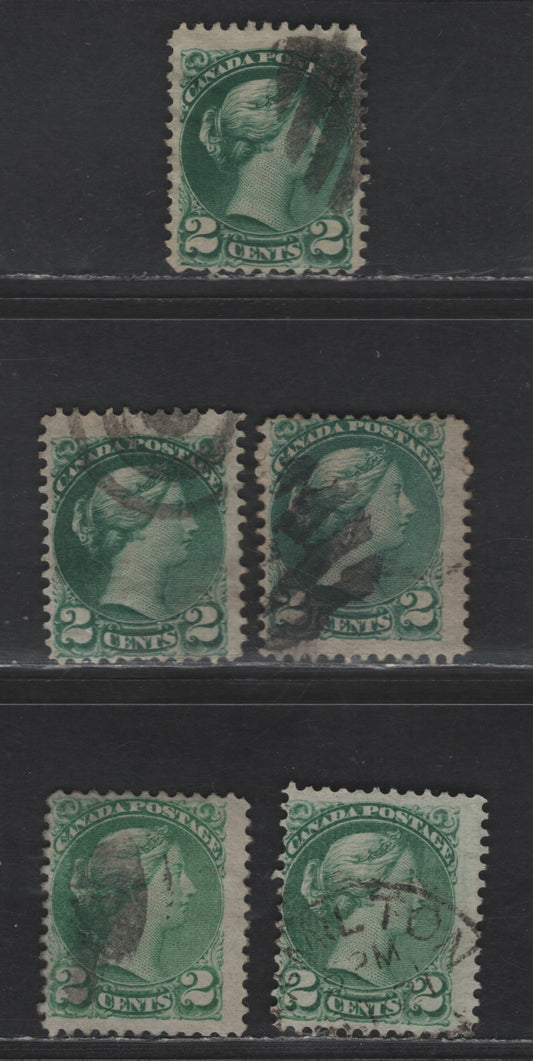 Lot 385 Canada SC#36, 36d 2c Deep Green, Dull Green, Milky Green & Bluish Green Queen Victoria, 1870-1893 Small Queen Issue, 5 Ungraded Singles, Late Montreal Printings, Paper Types LM-A, Ungraded, But Generally VG-F