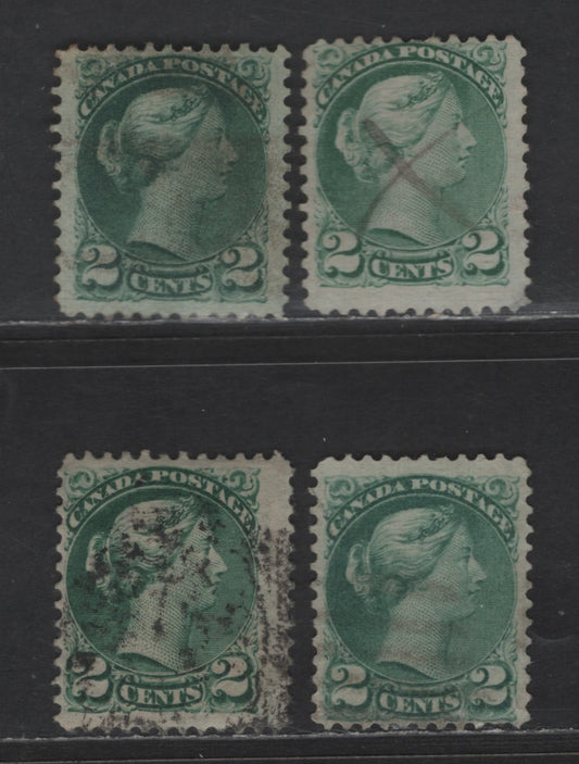 Lot 386 Canada SC#36 2c Green Queen Victoria, 1870-1893 Small Queen Issue, 4 Fine Used Singles, Late Montreal Printings, LM-F, LM-C & LM-A Papers, Variety Of Shades