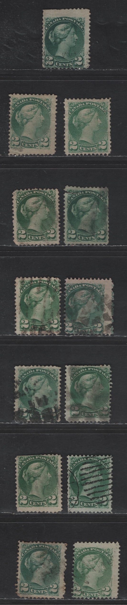 Lot 387 Canada SC#36 2c Green Queen Victoria, 1870-1893 Small Queen Issue, 13 Ungraded Singles, Mid & Late Montreal Printings, Poorly Centered Or With Slight/Major Faults, Variety Of Shades