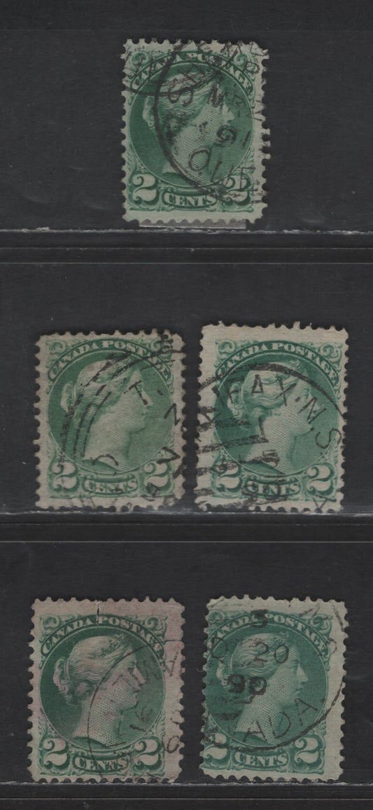 Lot 389 Canada SC#36i, 36ii 2c Green & Bluish Green Queen Victoria, 1870-1893 Small Queen Issue, 5 Ungraded Singles, Early Second Ottawa Printings, 1890 & 1891 Dated Cancels, Couple of Faults, Unchecked As To Paper