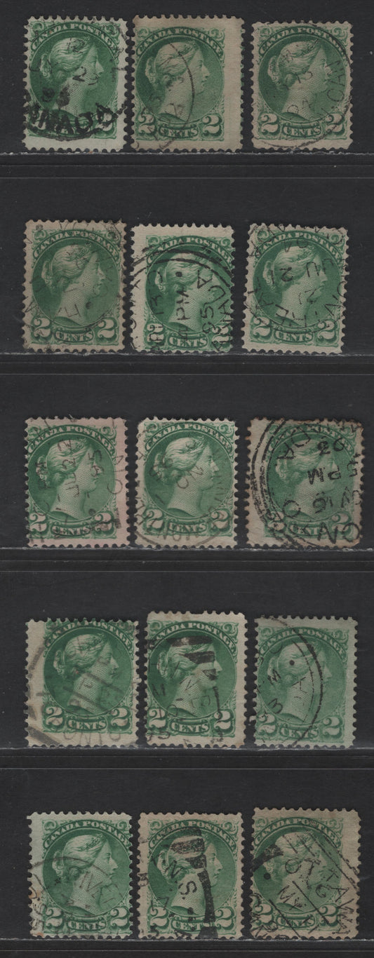 Lot 390 Canada SC#36i 2c Green Queen Victoria, 1870-1893 Small Queen Issue, 15 Ungraded Singles, Second Ottawa Printings, 1893, 1894 & 1895 Dated Cancels, Generally Fine, Variety of Shades