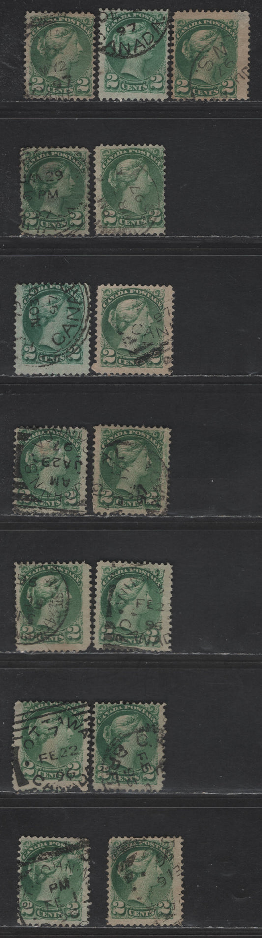Lot 391 Canada SC#36i, 36ii 2c Green & Blue Green Queen Victoria, 1870-1893 Small Queen Issue, 15 Ungraded Singles, Late Second Ottawa Printings, 1896 & 1897 Dated Cancels, Generally Fine, Variety of Shades