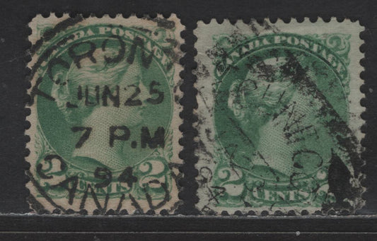Lot 392 Canada SC#36i 2c Dull Green Queen Victoria, 1870-1893 Small Queen Issue, 2 Fine/Very Fine Used Singles, Mid Second Ottawa Printings, Dated 1894 Cancels, Papers 2O-P & 2O-S