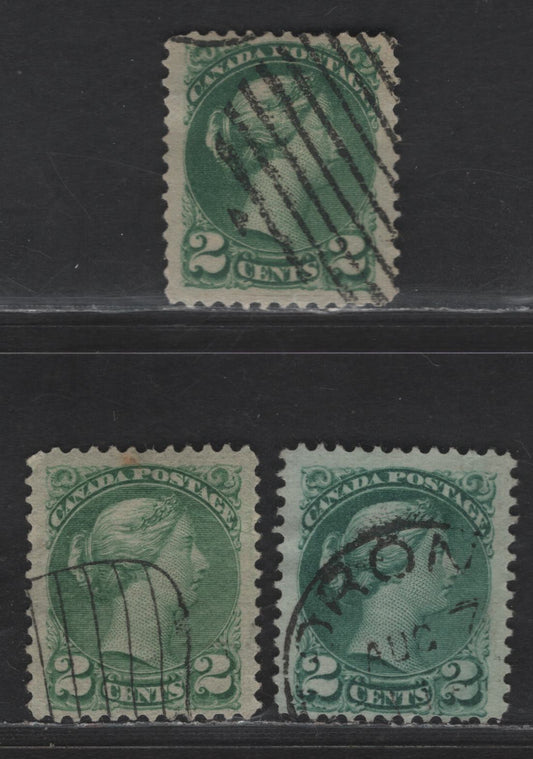 Lot 393 Canada SC#36i, 36ii 2c Light Green, Green & Blue Green Queen Victoria, 1870-1893 Small Queen Issue, 3 Fine/Very Fine Used Singles, Second Ottawa Printings, Papers 2O-N, 2O-B & 2O-L