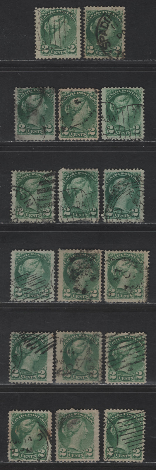 Lot 395 Canada SC#36i 2c Light Green, Green & Grass Green Queen Victoria, 1870-1893 Small Queen Issue, 17 Ungraded Singles, Second Ottawa Printings, Variety Of Papers, Generally Fine & A Few VF