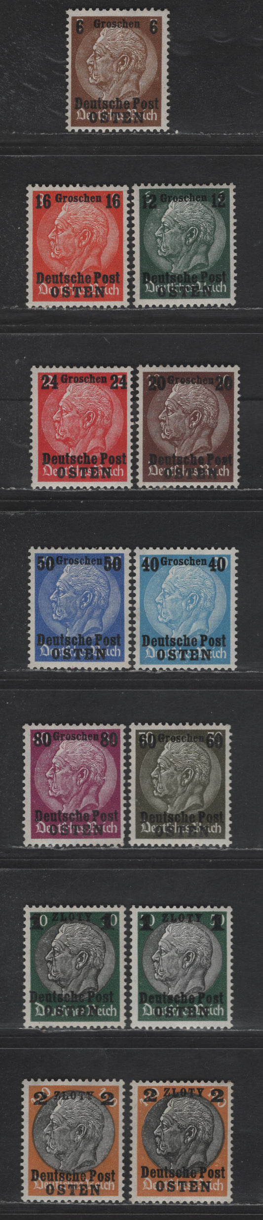 Lot 114 Poland - German Occupation SC#N17, N19-N22, N24-N29 6g on 3pf - 2z on 100pf Bister - Orange & Black Hindenburg, 1939 Surcharged Issue, 11 F/VFOG Singles, Light & Dark Portrait On Top Values, Smooth Gum