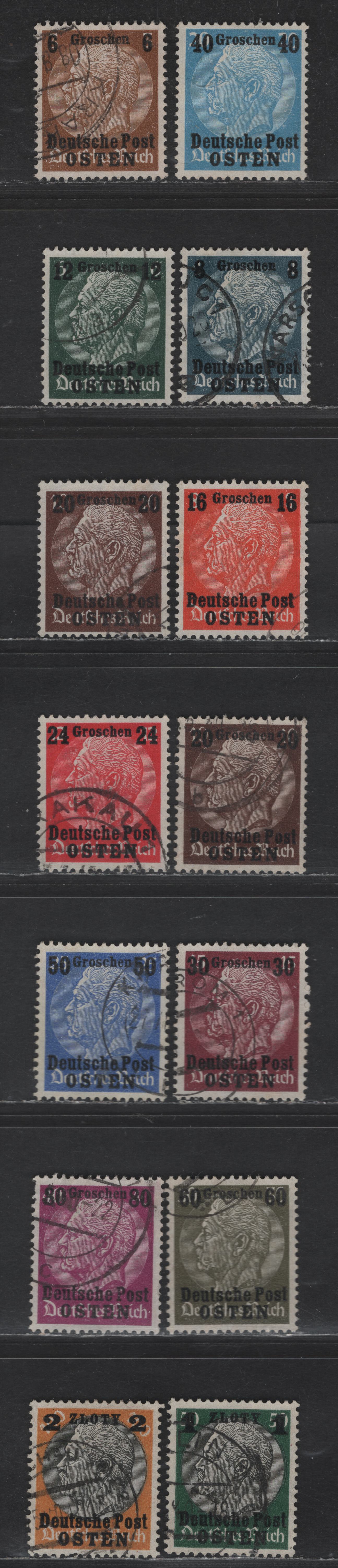 Lot 115 Poland - German Occupation SC#N17-N29 6g on 3pf - 2z on 100pf Bister - Orange & Black Hindenburg, 1939 Surcharged Issue, 12 Fine/Very Fine Used Singles, Two Shades Of 20g on 20pf Chocolate