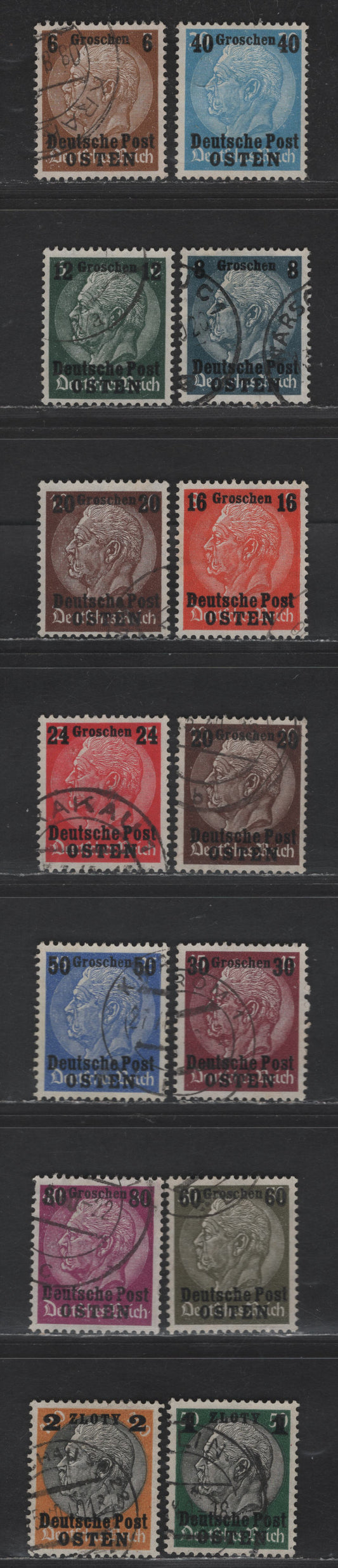 Lot 115 Poland - German Occupation SC#N17-N29 6g on 3pf - 2z on 100pf Bister - Orange & Black Hindenburg, 1939 Surcharged Issue, 12 Fine/Very Fine Used Singles, Two Shades Of 20g on 20pf Chocolate