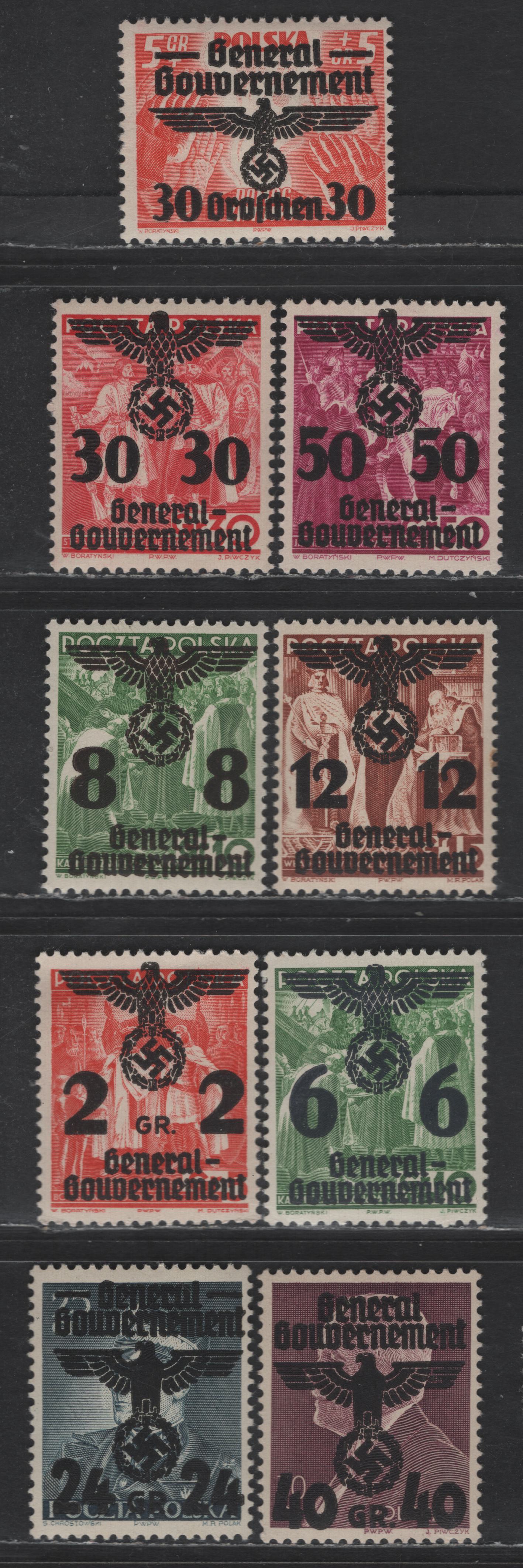 Lot 117 Poland - German Occupation SC#N30-N31, N33, N35-N36, N38, N41-N42, N48 24g on 25g - 30g on 5g+5g Slate Green - Red Marshal Smigly-Rydz - Winterhelp, 1940 Swastika Overprinted Issue, 9 F/VFNH Singles