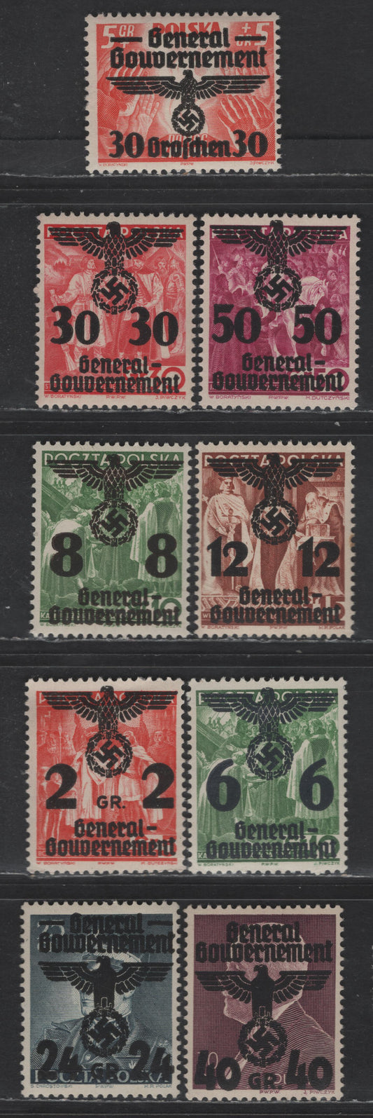 Lot 117 Poland - German Occupation SC#N30-N31, N33, N35-N36, N38, N41-N42, N48 24g on 25g - 30g on 5g+5g Slate Green - Red Marshal Smigly-Rydz - Winterhelp, 1940 Swastika Overprinted Issue, 9 F/VFNH Singles