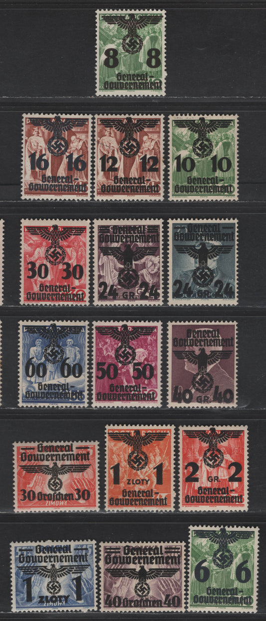 Lot 118 Poland - German Occupation SC#N30-N31, N33, N35-N43, N45a, N48-N50 24g on 25g - 12g on 55g+1g Slate - Ultramarine Marshal Smigly-Rydz - Winterhelp, 1940 Swastika Overprinted Issue, 16 F/VFNH Singles