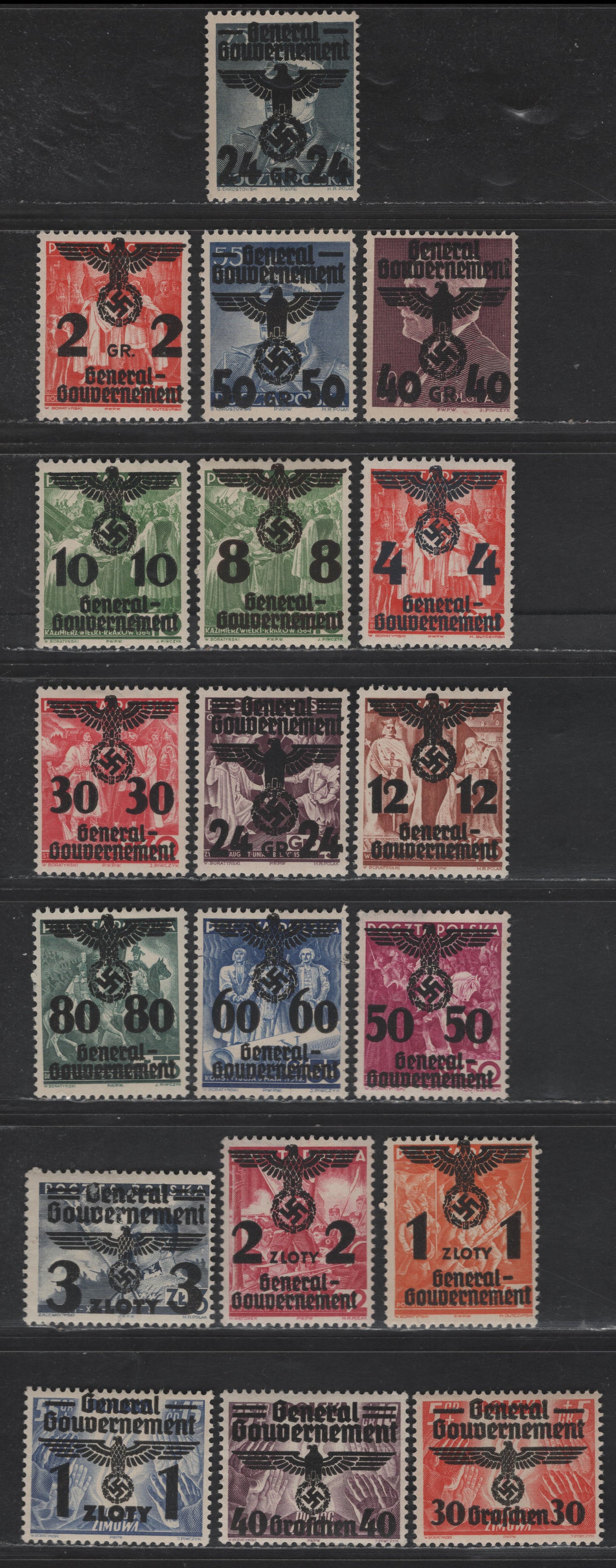 Lot 119 Poland - German Occupation SC#N30-N34, N36-N38, N40-N50 24g on 25g - 1z on 55g+15g Slate Green - Ultramarine Marshal Smigly-Rydz - Winterhelp, 1940 Swastika Overprinted Issue, 19 F/VFOG Singles