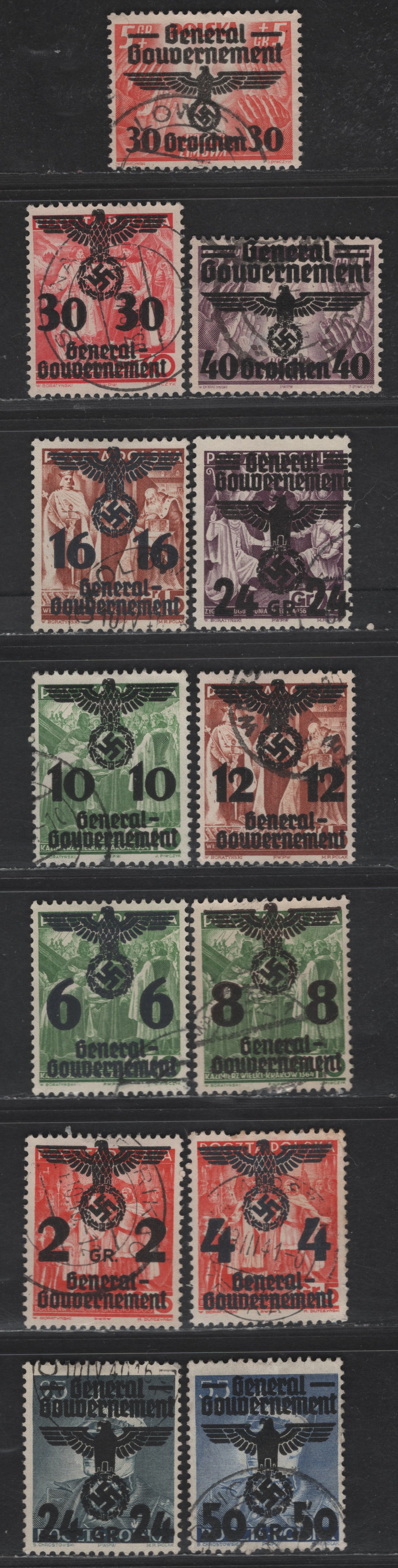 Lot 121 Poland - German Occupation SC#N30, N32-N41, N48-N49 24g on 25g - 25g + 10g Slate Green - Violet Marshal Smigly-Rydz - Winterhelp, 1940 Swastika Overprinted Issue, 13 Very Fine Used Singles, Postally Used, Good Cancels