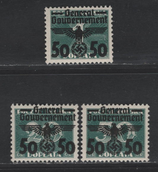 Lot 125 Poland - German Occupation SC#N51, N54-N55 50g on 20g - 50g & 12z Dark Green Figures, 1940 Swastika Overprints On Postage Dues Issue, 3 VFNH Singles