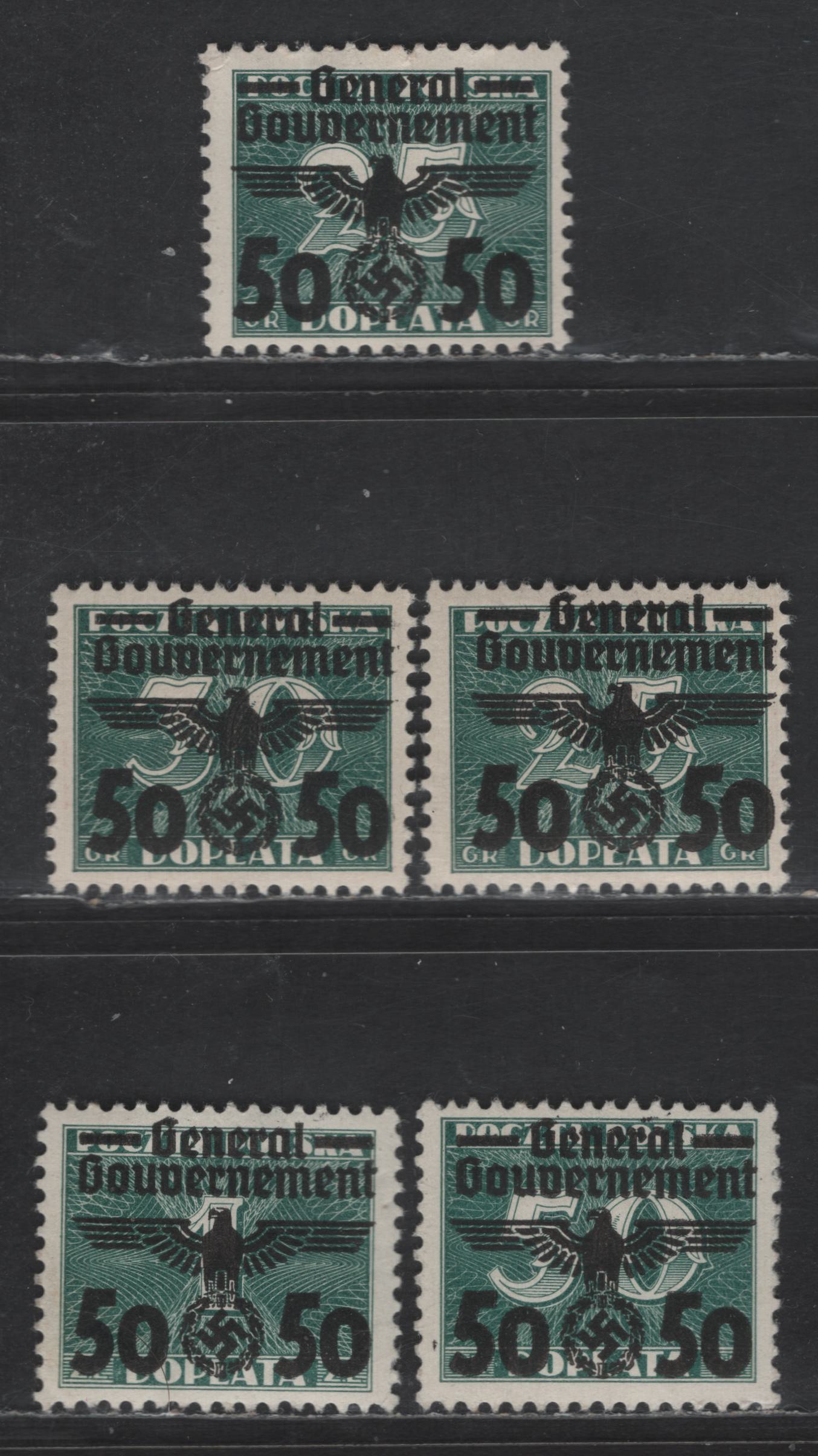 Lot 127 Poland - German Occupation SC#N52-N55 50g on 25g - 1z Dark Green Figures, 1940 Swastika Overprints On Postage Dues Issue, 4 VFOG Singles, Yellowish & Cream Gums In 25g