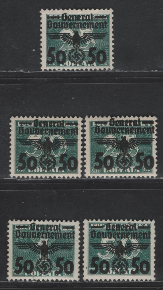 Lot 127 Poland - German Occupation SC#N52-N55 50g on 25g - 1z Dark Green Figures, 1940 Swastika Overprints On Postage Dues Issue, 4 VFOG Singles, Yellowish & Cream Gums In 25g