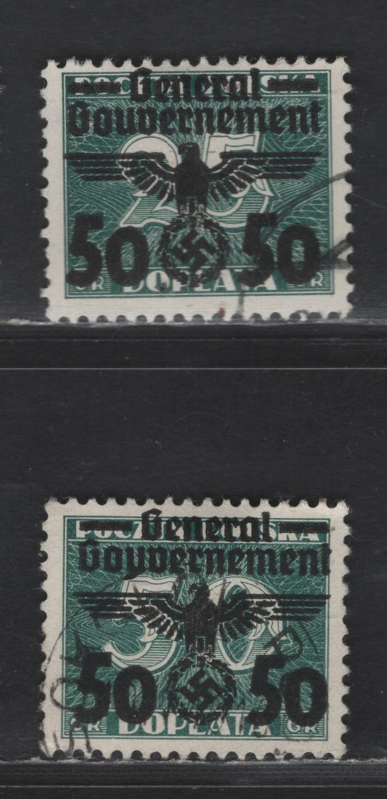Lot 128 Poland - German Occupation SC#N52, N54 20g on 25g - 50g Dark Green Figures, 1940 Swastika Overprints On Postage Dues Issue, 2 Fine/Very Fine Used Singles