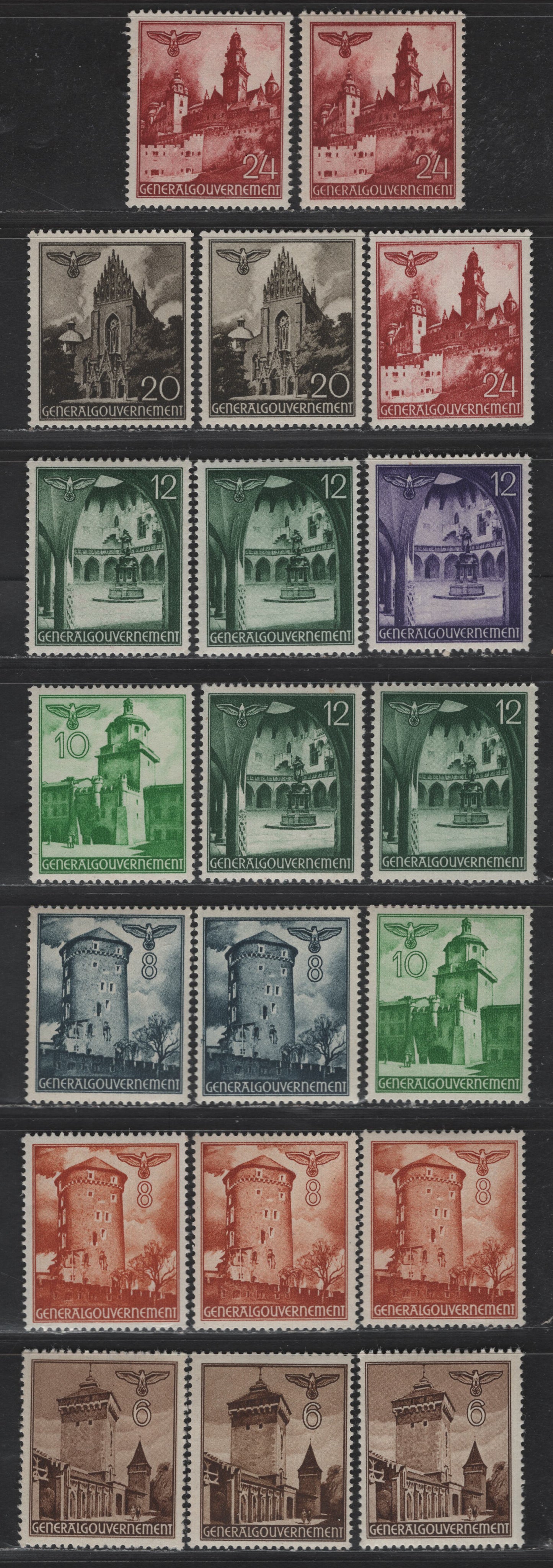 Lot 129 Poland - German Occupation SC#N56-N63 6g - 24g Brown - Henna Brown Buildings, 1940-1941 Pictorial Definitives, 20 VFOG Singles, Shade Variations