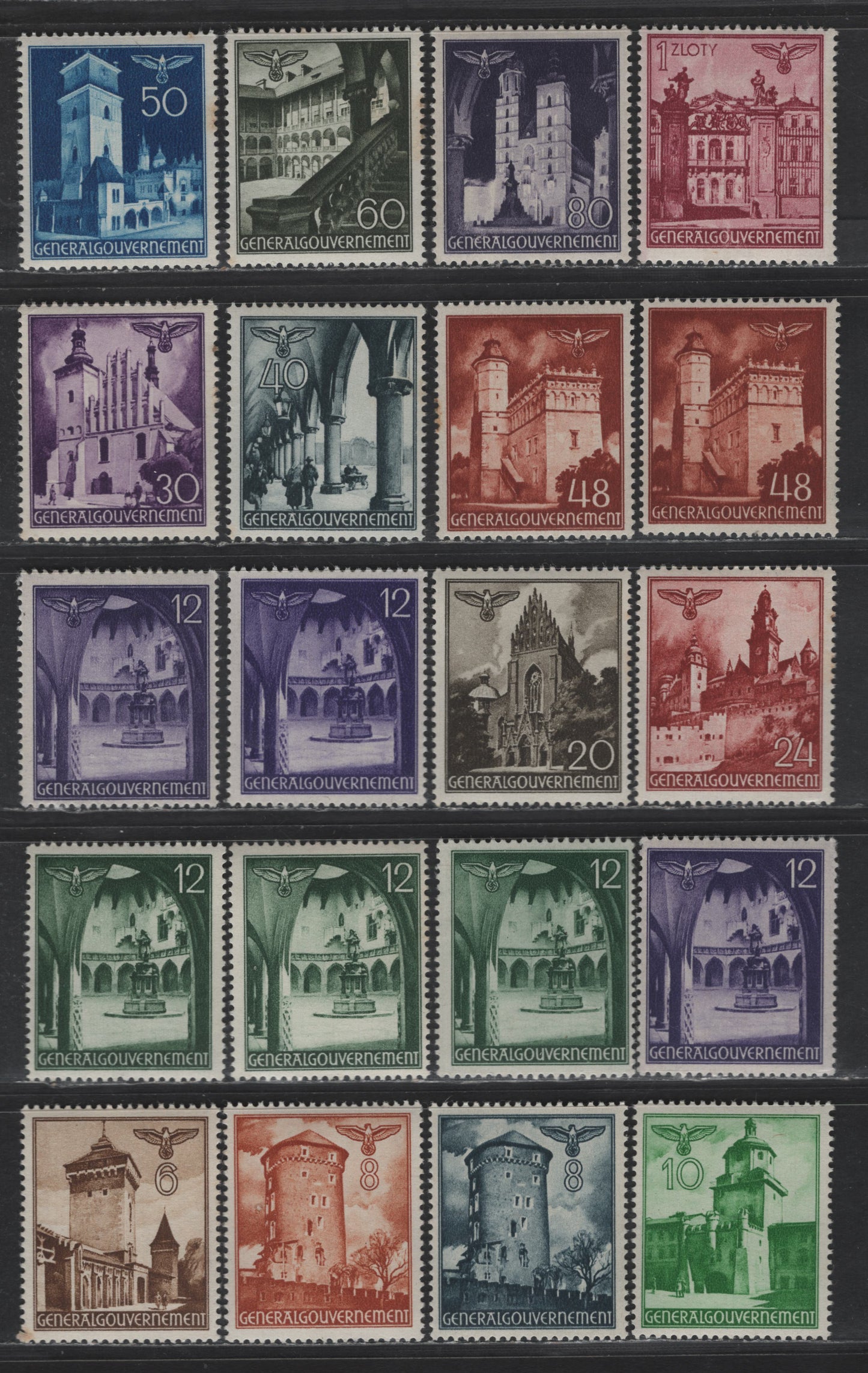Lot 130 Poland - German Occupation SC#N56-N64, N66-N71 6g on 1z Brown - Rose Lake Buildings, 1940-1941 Pictorial Definitives, 20 F/VFNH Singles, Shade Variations