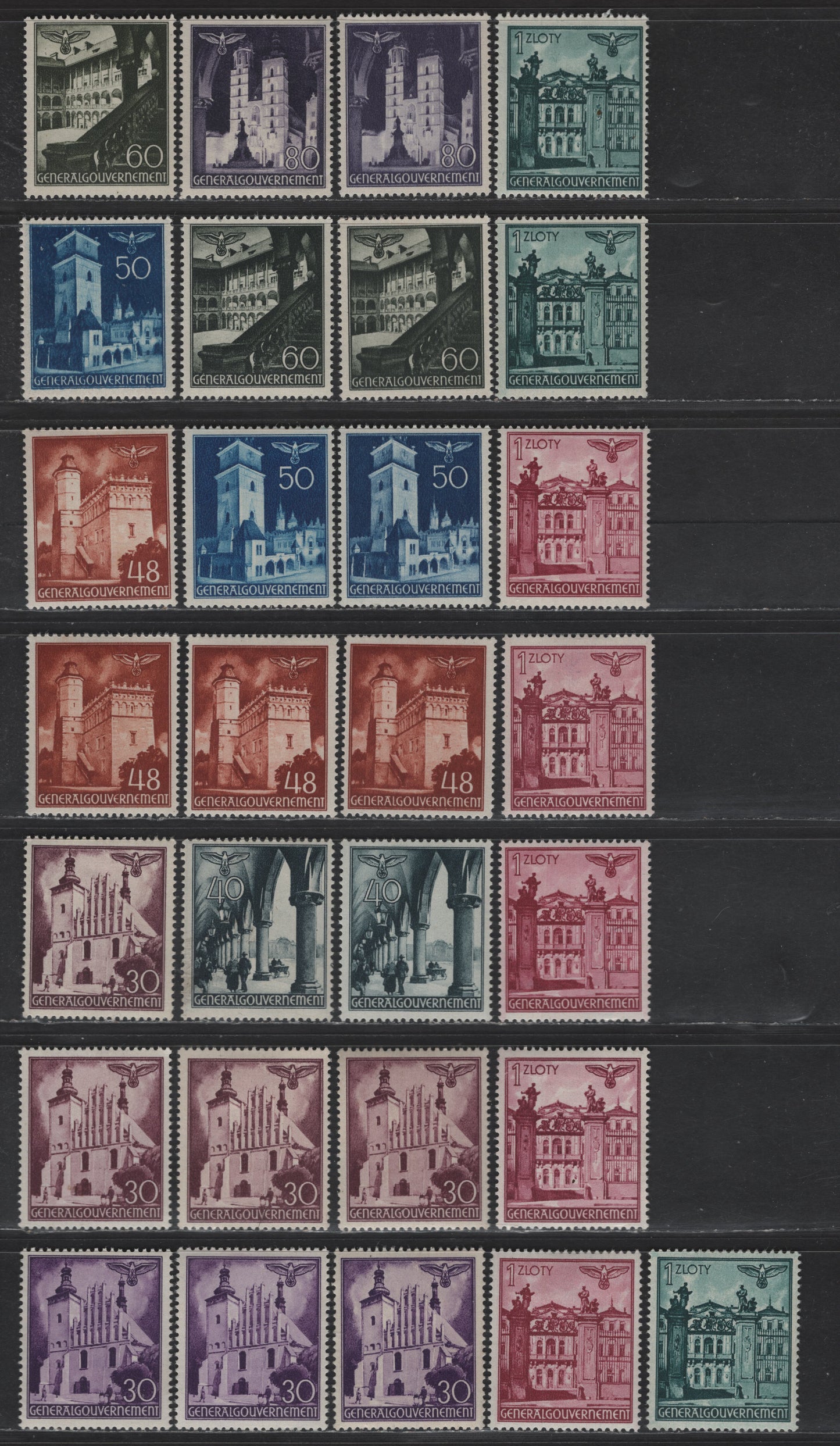 Lot 131 Poland - German Occupation SC#N64-N72 30g - 1z Purple - Prussian Green Buildings, 1940-1941 Pictorial Definitives, 29 F/VFOG Singles, Shade & Gum Varieties
