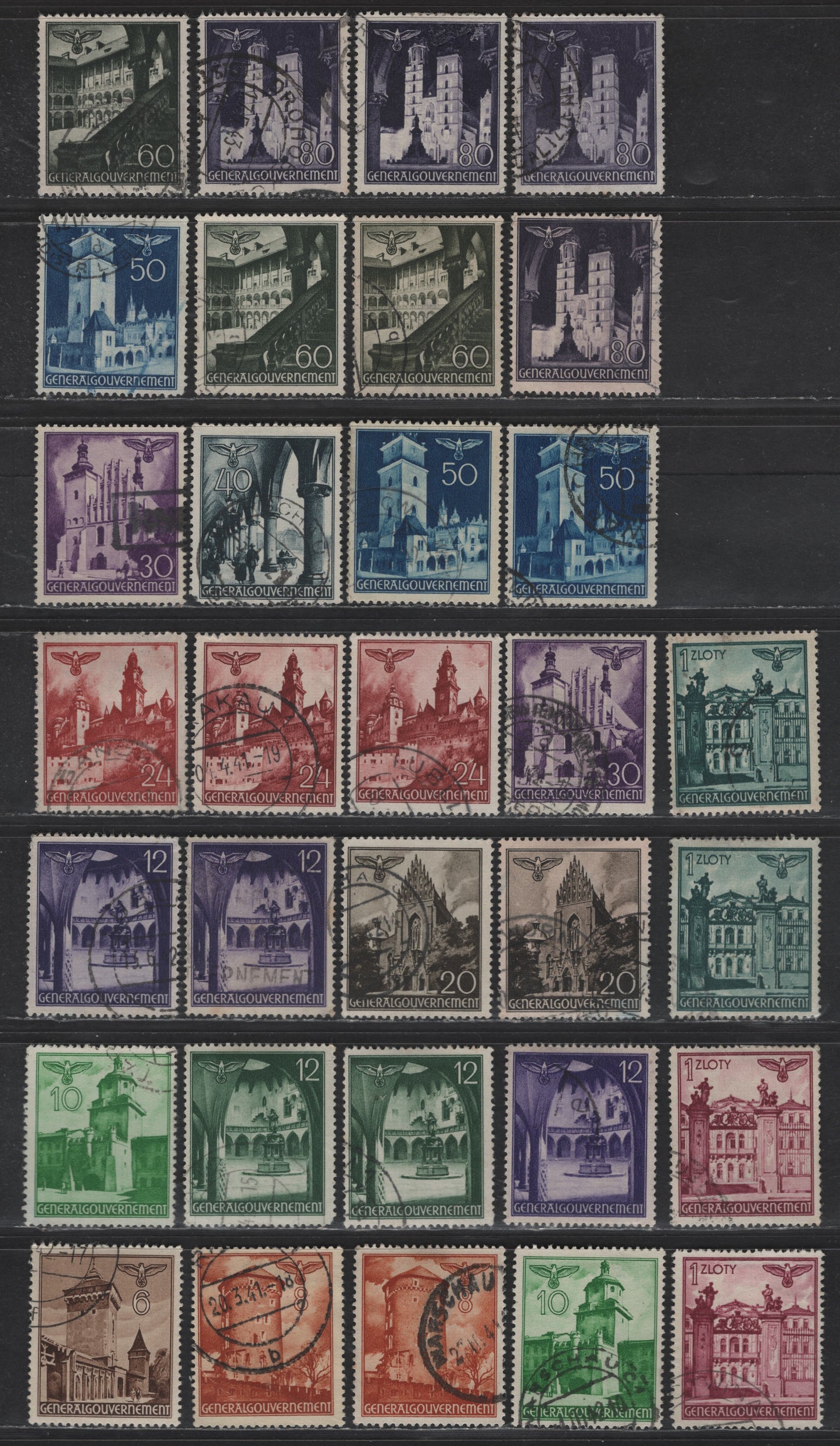 Lot 132 Poland - German Occupation SC#N56-N57, N59-N64, N66, N68-N72 6g - 1z Brown - Prussian Green Buildings, 1940-1942 Pictorial Definitives, 32 Fine/Very Fine Used Singles, Postally Used, Shade Variations