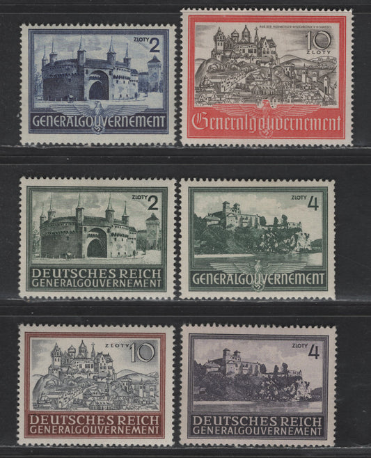 Lot 133 Poland - German Occupation SC#N73-N75, N100-N101, N103 10z  Red & Olive Black - Orange Brown & Gray Black Monastary Views & Castles, 1941 Pictorial Issue, 6 F/VFOG Singles