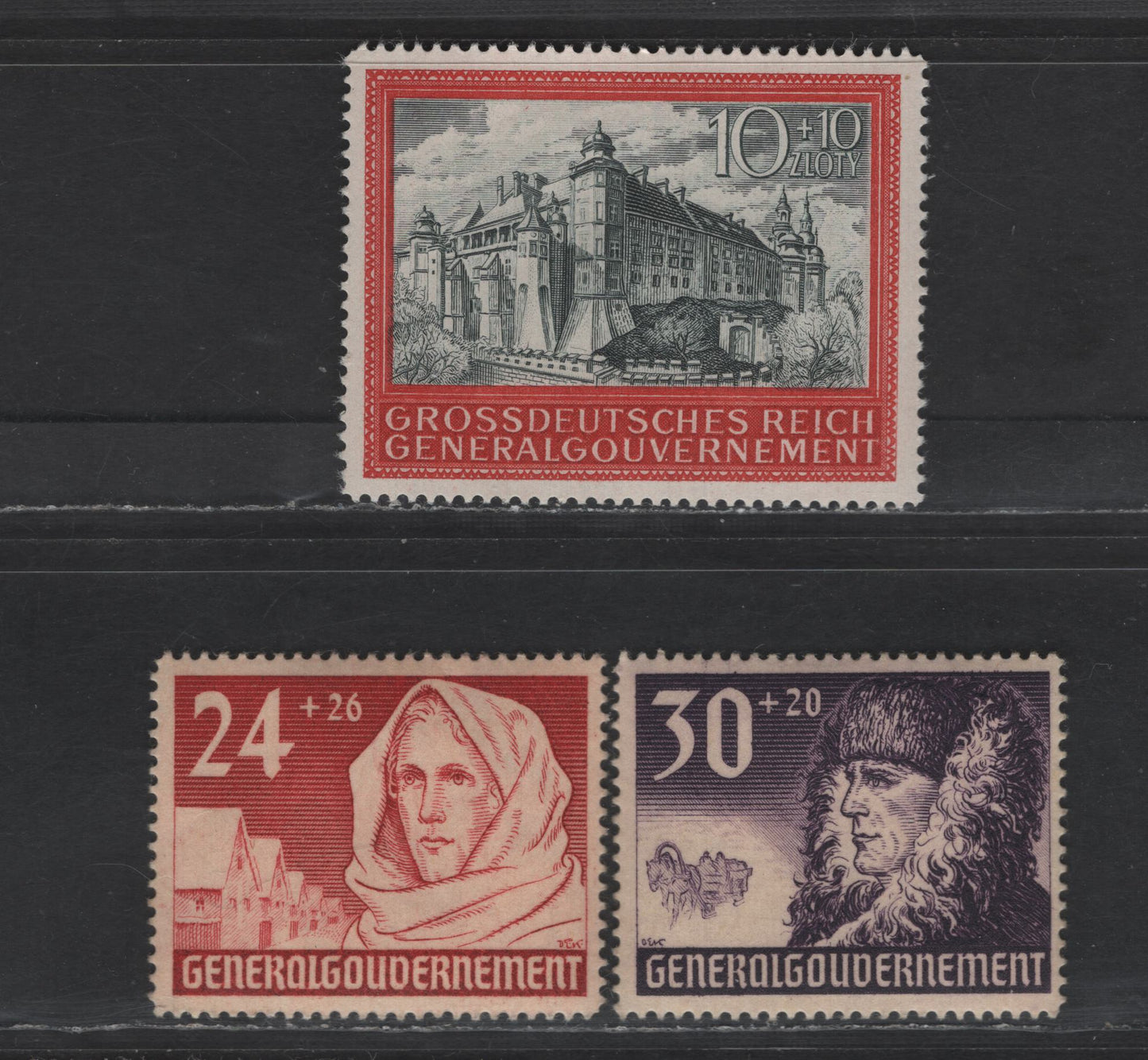 Lot 135 Poland - German Occupation SC#NB6-NB7, NB41b 24g+26g - 10z+10z Copper Red - Carmine & Greenish Black Figures & Castle, 1940-1944 Semi Postal Issues, 3 VFOG Singles